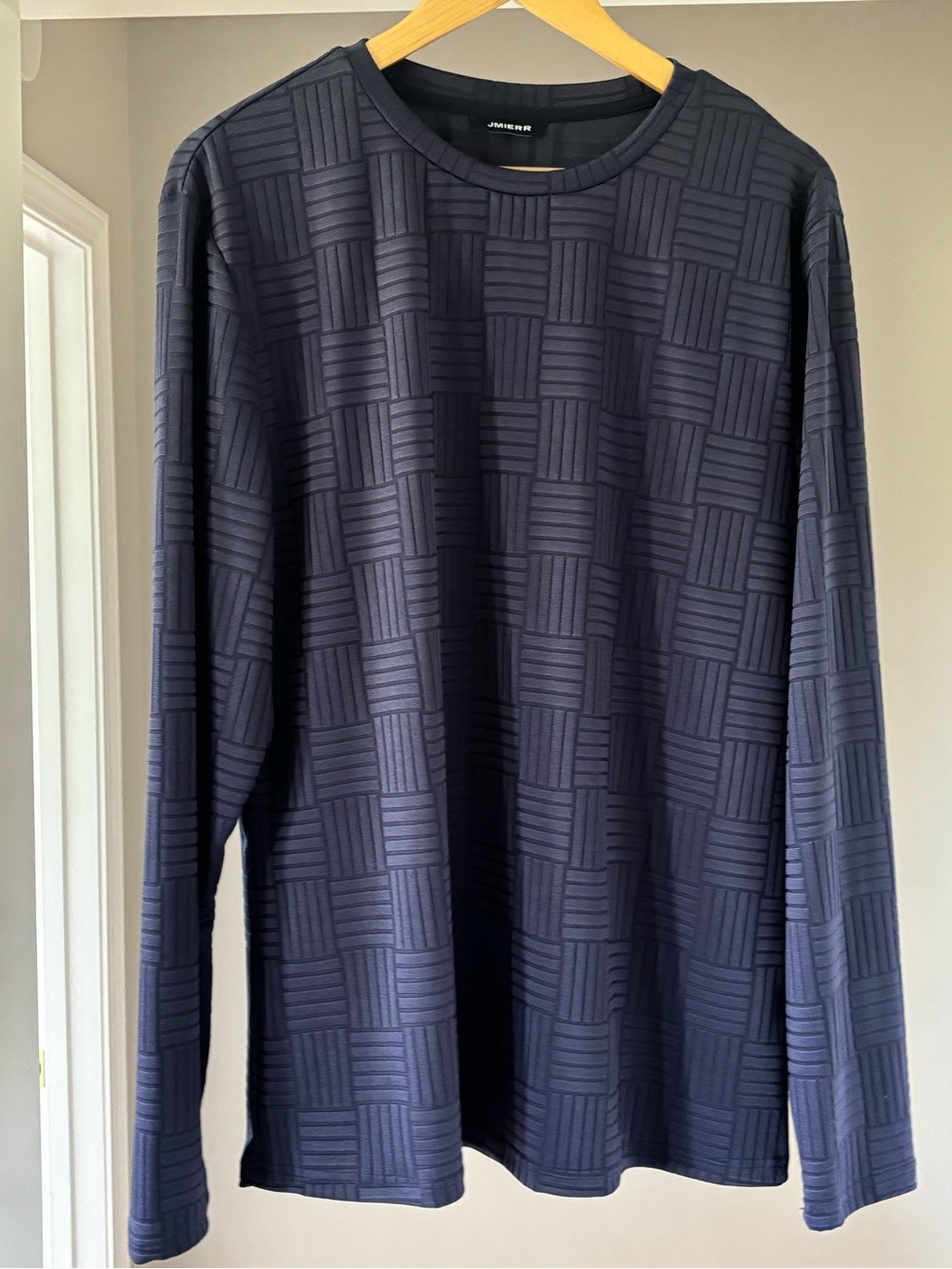 Classic Navy Long-Sleeve Crewneck with Textured Checker Pattern -